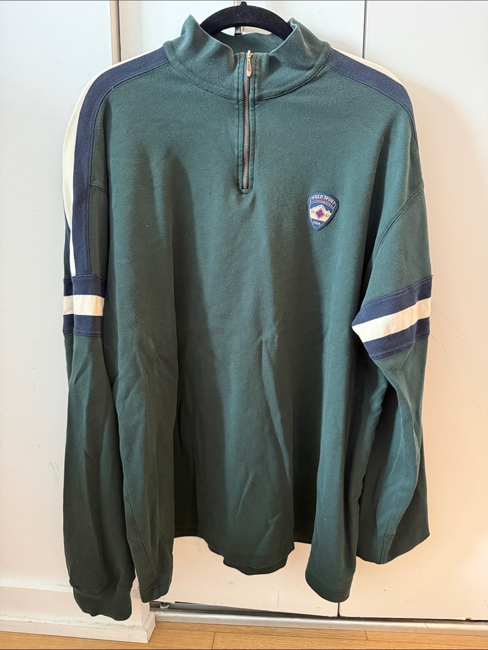 Polo by Ralph Lauren Green Quarter-Zip Pullover with Navy & White Stripes